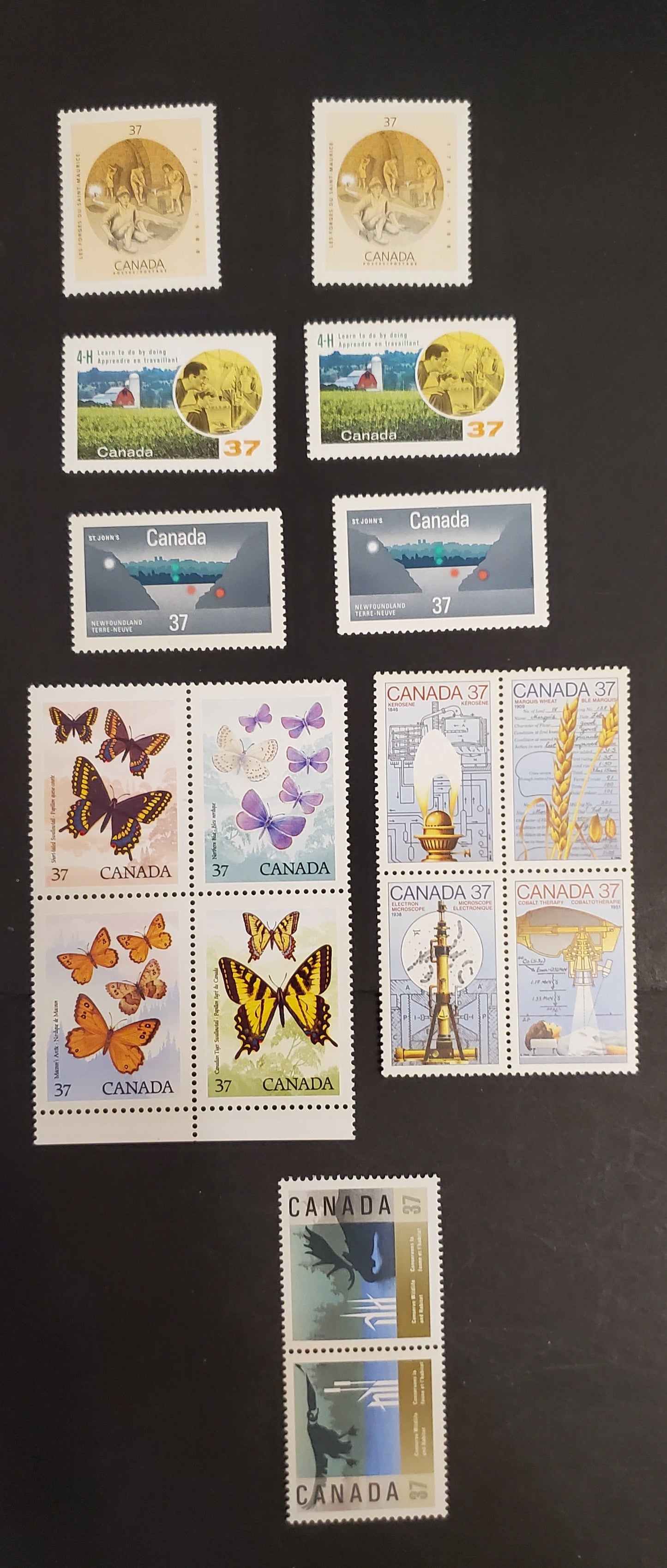 Canada #1205a-1216 37c Multicoloured Various Subjects, 1988 Wildlife Conservation - Les Forages Du Maurice Issues, 6 VFNH Singles, Pair & 2 Blocks Of 4 On NF/DF And NF/NF Harrison & Slater Papers