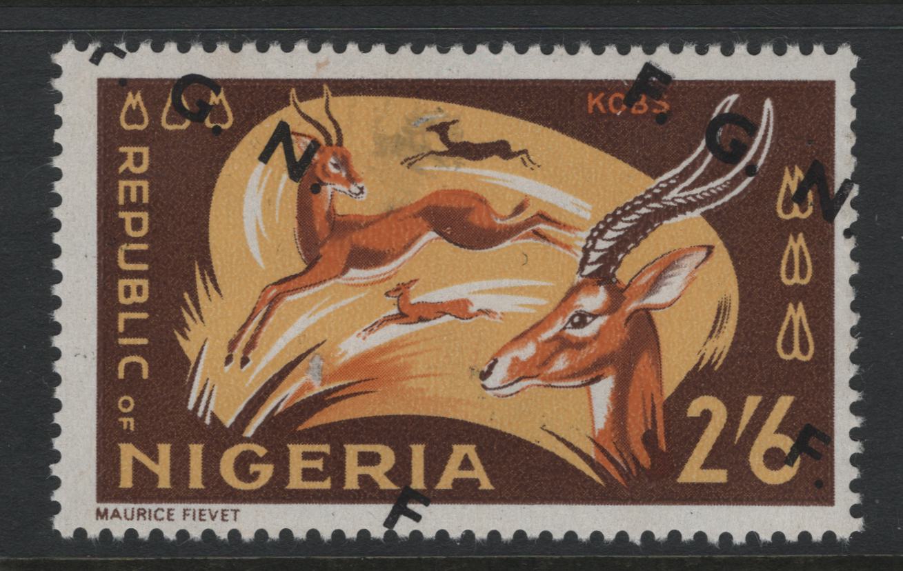 Lot 149 Nigeria SG#182var 2/6d Kobs, 1966-1973 Wildlife Definitives, A Fine NH Single On HF/Mottled HF Paper, Deep Red-Brown Background, Downward Slanted FGN Overprint, One & Most Of Second Visible, Rare, First Time We Have Seen Or Offered