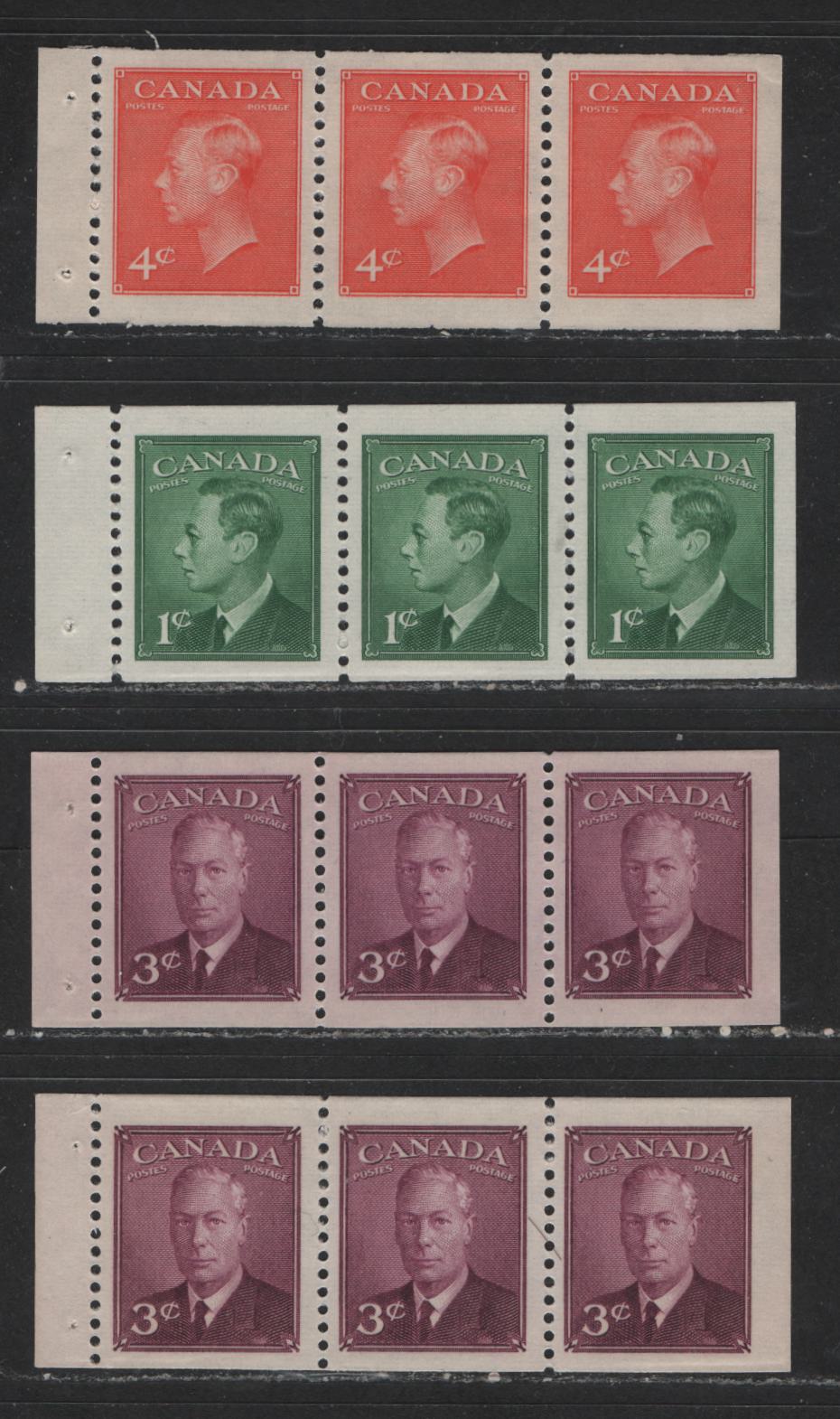 Lot 453 Canada #284a, 286a, 306a 1c, 3c, 4c Green - Vermilion King George VI, 1949-1952 Postes-Postage Issue, 4 VFNH & VFOG Booklet Panes Of 3 Including 2 Shades Of 3c, All NH Except The 4c Pane