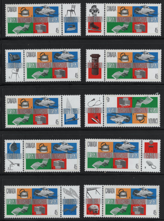 Lot 454 Canada  #1654 45c Multicoloured Household Items, 1997 Industrial Design Issue, 10 VFNH Singles + Tabs Nearly Complete Set Of Blue & Red Tabs