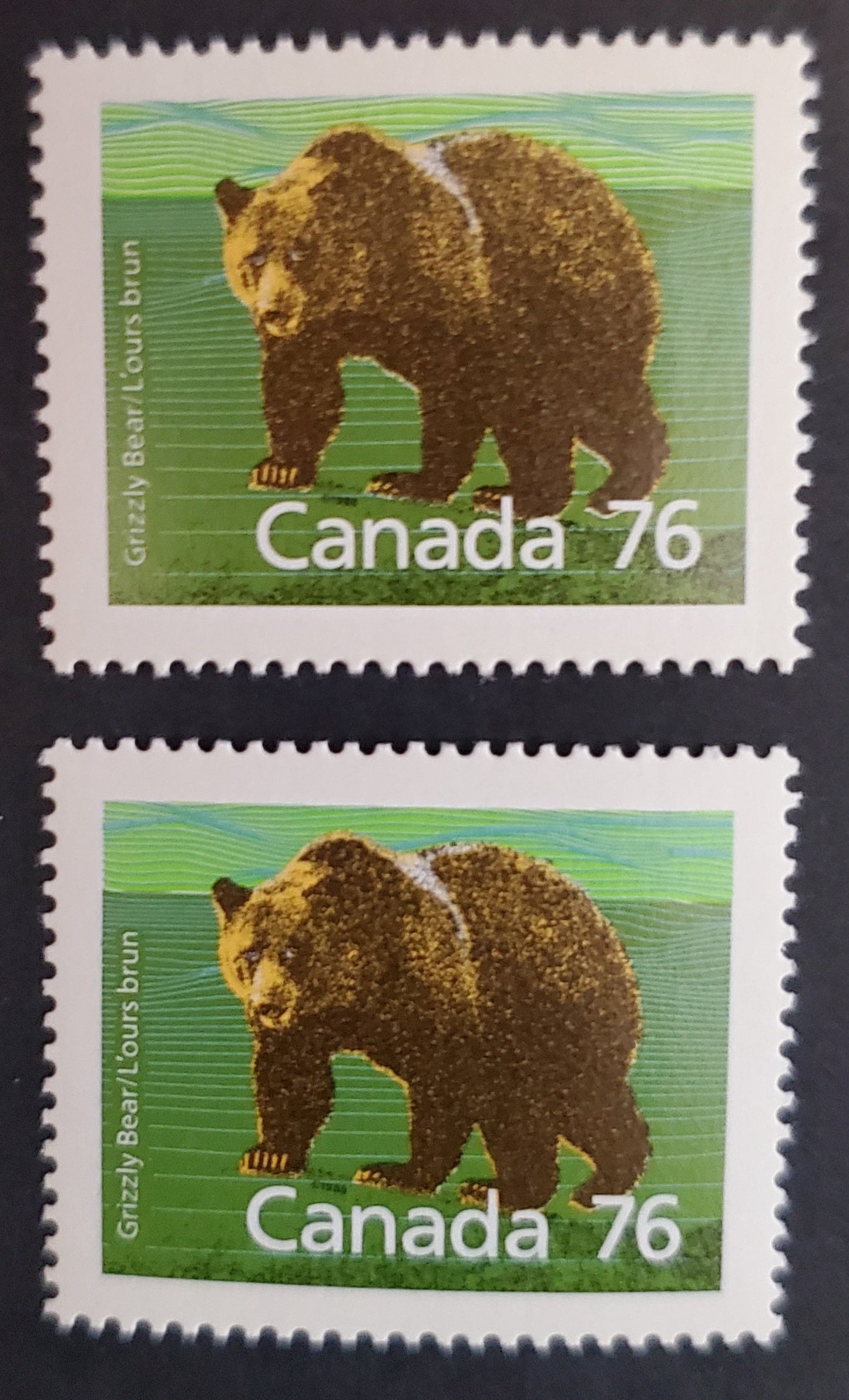 Canada #1178 76c Multicoloured Grizzly Bear, 1987-1991 Mammal & Architecture Issue, 2 VFNH Singles Perf. 14.4 x 13.8 Harrison Paper, Minor Upward Shift of the Turquoise