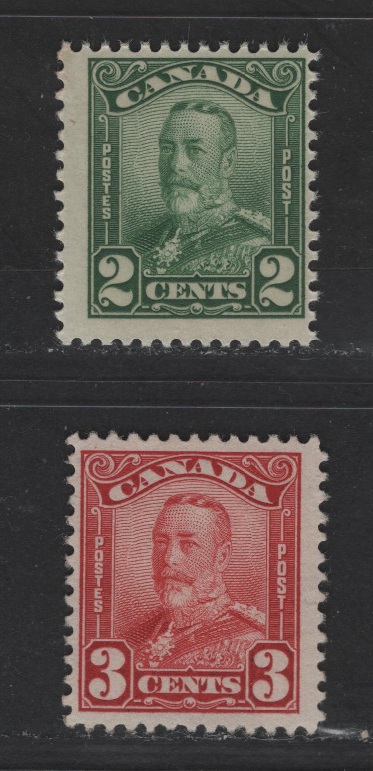 Canada #150-151 2c-3c Green & Carmine King George V, 1928-1929 Scroll Issue, 2 Fine NH & Fine Regummed Singles The 3c Has Been Professionally Regummed To Appear NH