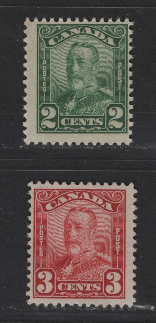 Canada #150-151 2c-3c Green & Carmine King George V, 1928-1929 Scroll Issue, 2 Fine NH & Fine Regummed Singles The 3c Has Been Professionally Regummed To Appear NH