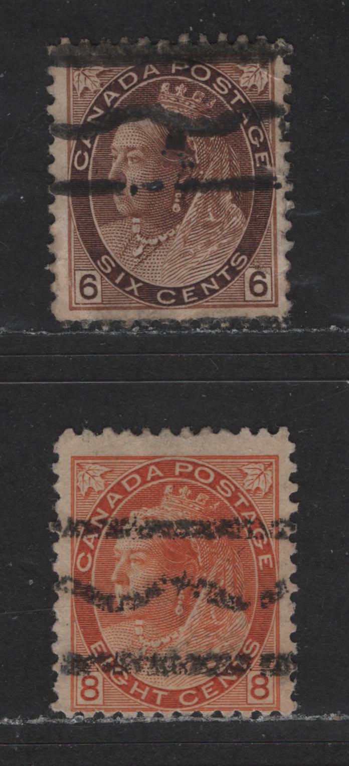 Lot 457 Canada #80xx, 82xx 6c, 8c Dark Brown & Orange Queen Victoria, 1898-1902 Numeral Issue, 2 VG Used Singles With Style "T" Precancels, Fine Appearance, But 6c With Crease