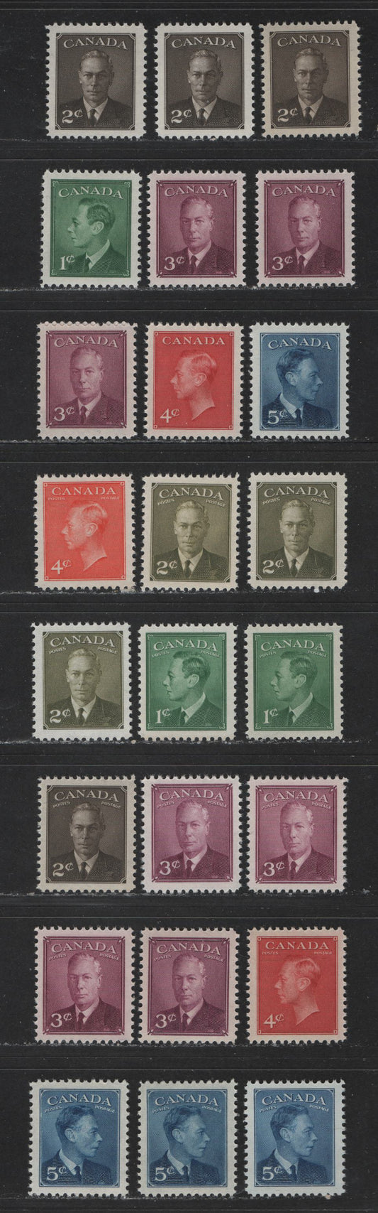 Canada #284-293, 305-306 1c-5c Green - Vermilion King George VI & Drying Furs, 1949-1952 Postes-Postage Issue, 24 VFNH Singles With Different Paper & Gum Types, As Well As Shades