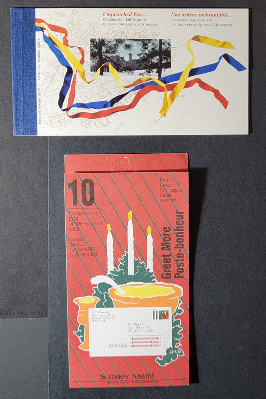 Canada #BK132, BK134 40c Multicoloured Queen's Flag & Santa Claus, 1991 Queen's University Or Christmas Issues, 2 VFNH Complete Booklets With HB Covers, Panes On NF/DF Coated Papers Paper, BK134 Is The Field Stock