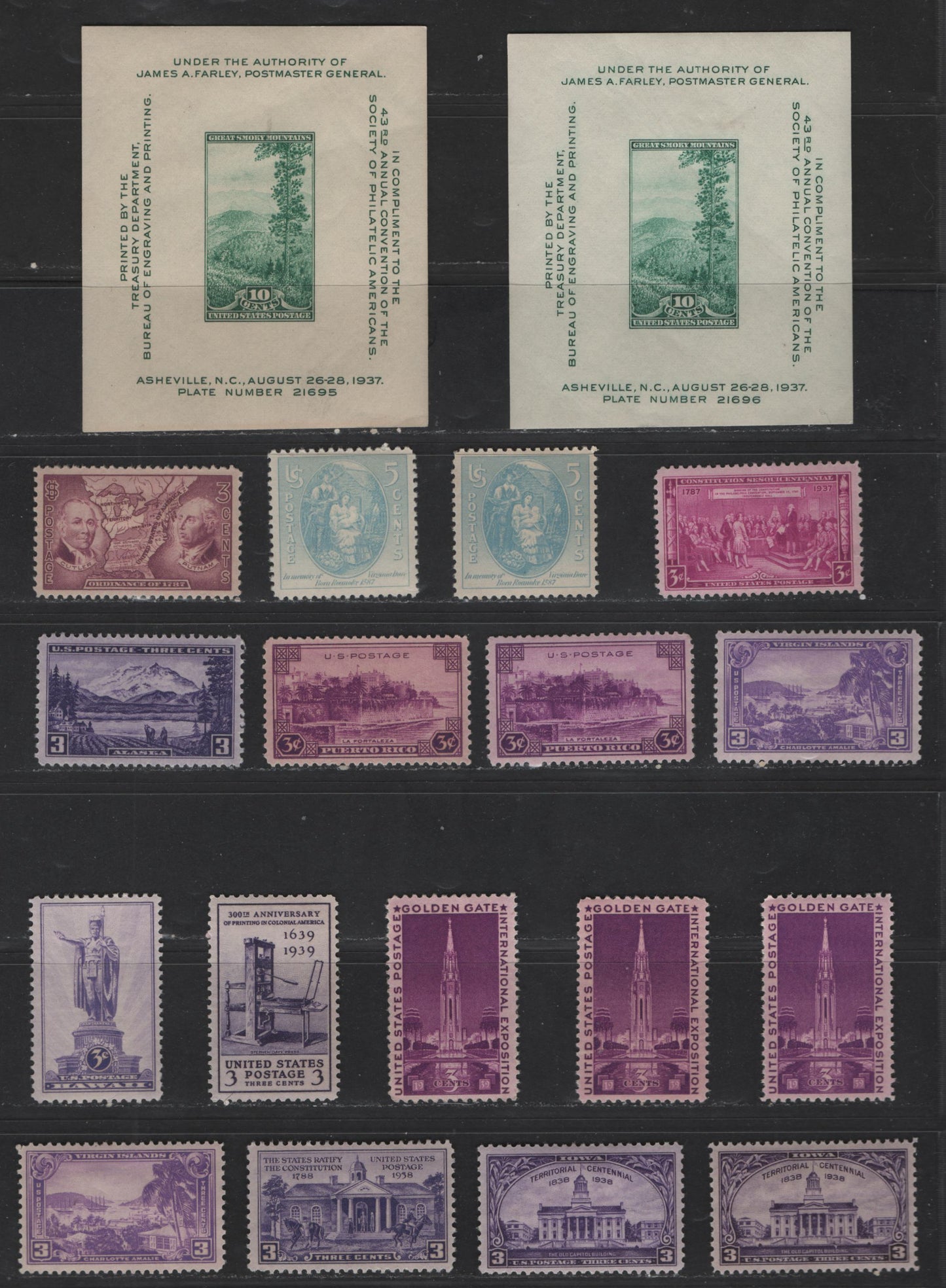 Lot 460 United States Of America #795-802, 835-838 3c-10c Shades Of Purple - Blue Green ,1937-1939 Ordinance Of 1787 - 50th Anniversary Of Statehood Issues, 28 VFOG Singles & 2 Souvenir Sheets Some Shade Variations, Different Gum Breaker & Ridge Patterns