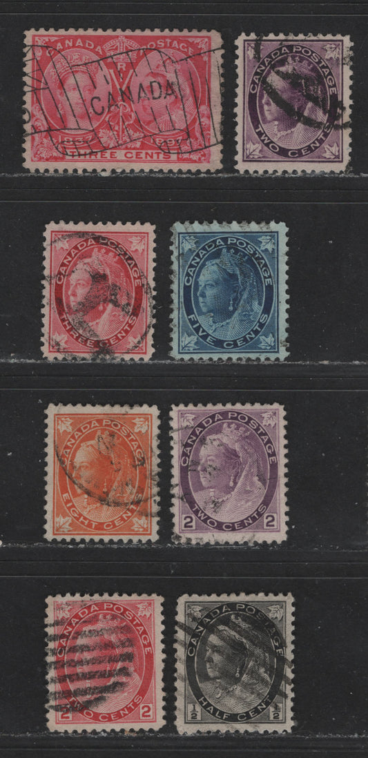 Lot 460 Canada #53, 68-70, 72, 74, 76-77 1/2c-8c Bright Rose - Carmine Rose Queen Victoria, 1897-1902 Diamond Jubilee -  Numeral Issues, 8 Fine & VF Used Singles All Vertical Wove Except The 5c, 2c Numeral Is Die 1