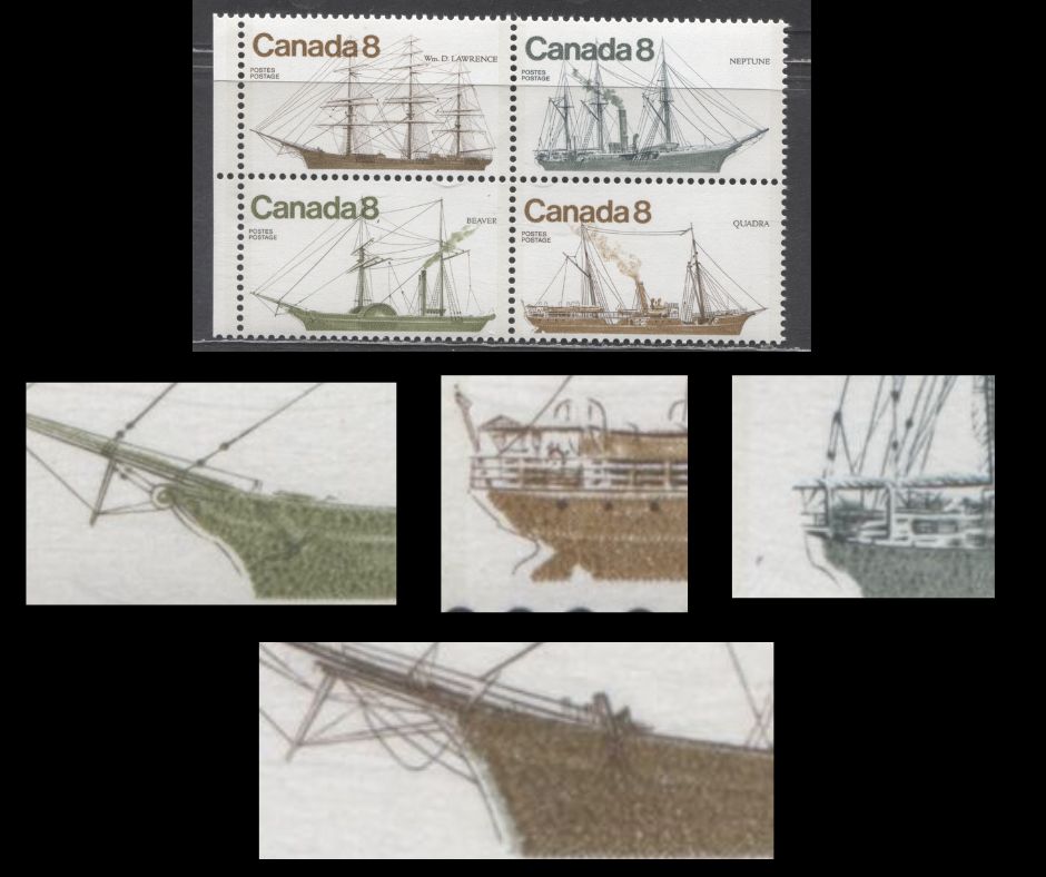 Lot 28 Canada #673aivar 8c Multicoloured 1975 Coastal Vessels, A VFNH Se-tenant Block of 4 on DF/DF Paper, Showing the "Grey Bow" Variety and Slight Leftward Shift of All Engraving