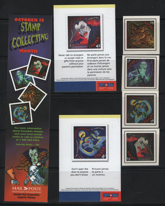 Lot 461 Canada  #1665var-1668var 45c Multicoloured Vampire - Goblin, 1997 The Supernatural Issue, 4 VFNH Temporary Tattoos, Bookmark & 2 Public Safety Annoucement Cards All In The Theme Of The Issue