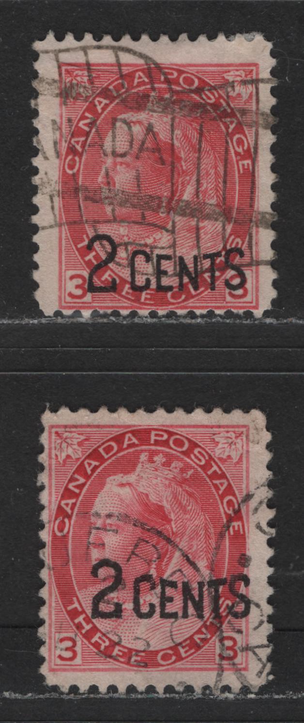 Lot 464 Canada #88, 88var 2c on 3c Carmine Red Queen Victoria, 1899 Surcharged Issue, 2 VG & Fine Used Singles Significant Overprint Shift, Appearing In Middle Of Design, With Normal To Compare