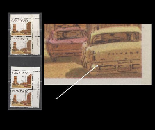 Canada #723Aiii 50c Multicoloured, Prairie Street Scene, 1977-1982 Medium Value Street Scene Definitives, Two VFNH Vertical Pairs, Showing The "Dented Bumper" Variety On The Bottom Stamps, Printed on DF and LF Papers