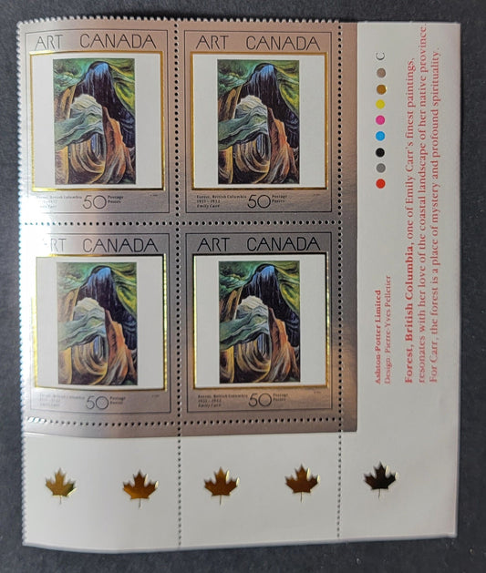 Canada #1310 50c Multicoloured Forest, British Columbia, 1991 Masterpieces of Canadian Art Issue, A VFNH LR Inscription Block On NF/DF Coated Papers Paper