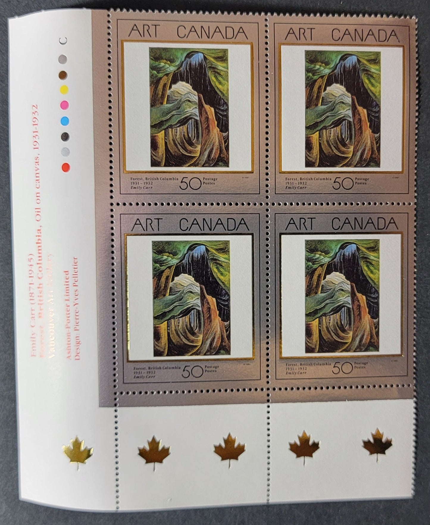 Canada #1310 50c Multicoloured Forest, British Columbia, 1991 Masterpieces of Canadian Art Issue, A VFNH LR Inscription Block On NF/DF Coated Papers Paper