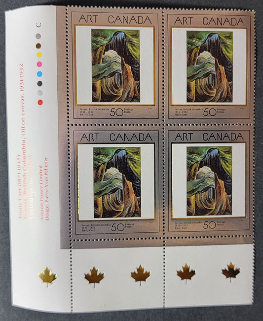 Canada #1310 50c Multicoloured Forest, British Columbia, 1991 Masterpieces of Canadian Art Issue, A VFNH LR Inscription Block On NF/DF Coated Papers Paper