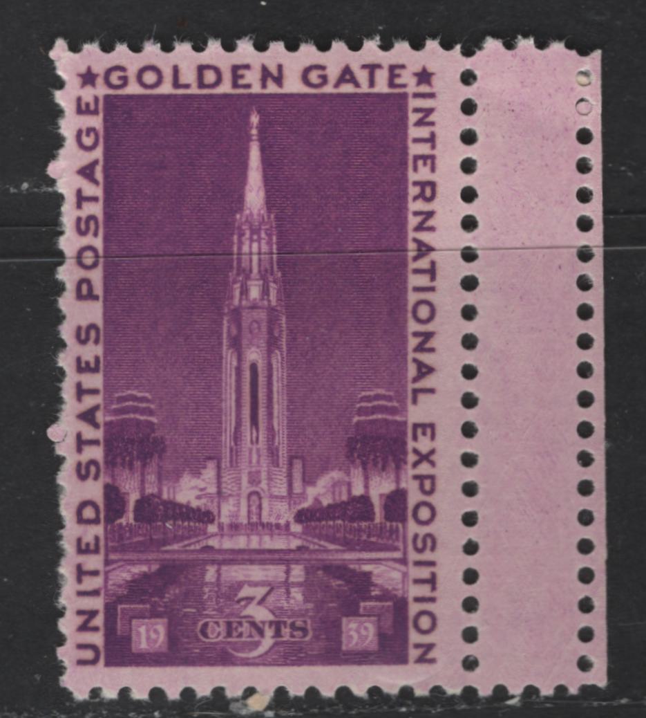 United States Of America #852var 3c Bright Purple Tower Of The Sun, 1939 Golden Gate International Exposition, A VFNH Single With Attached Gutter