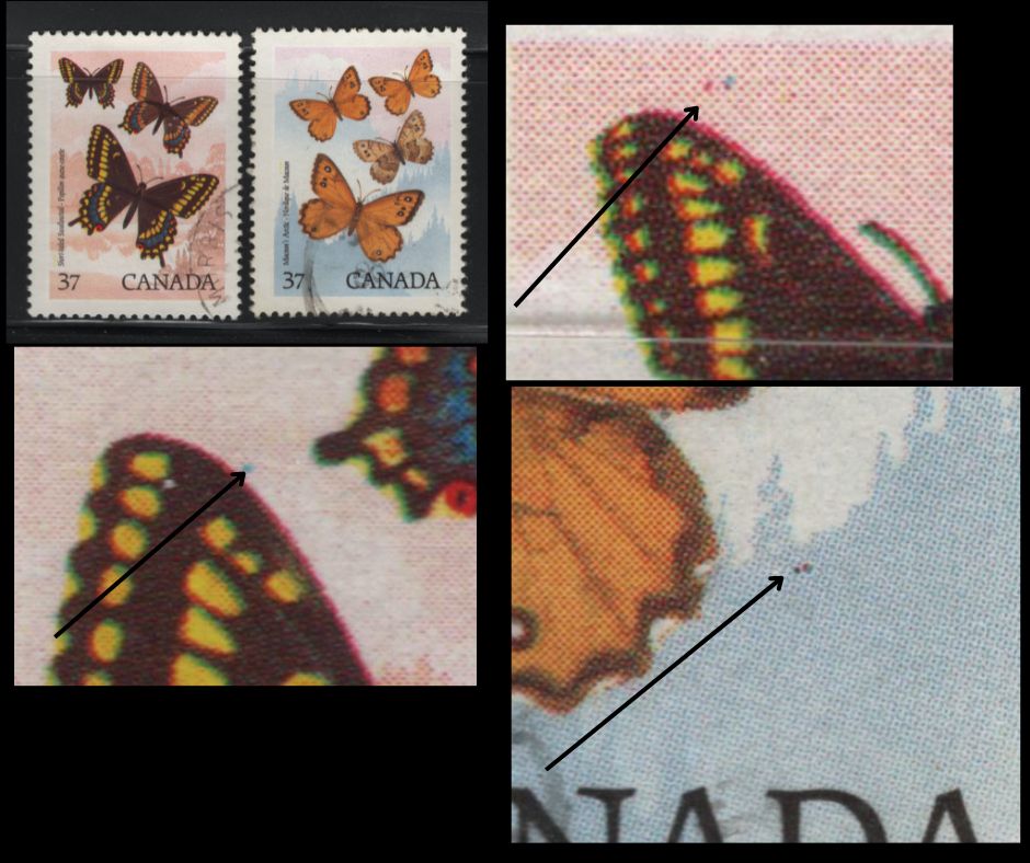 Canada #1210var, 1212i 37c Multicoloured Short-Tailed Swallowtail & Macoun's Arctic, 1988 Butterflies Issue, 2 Fine & VF Used Singles Black Fly (pos. 15) and Blue & Red Dots Above Butterfly Wings, Potentially Tertiary