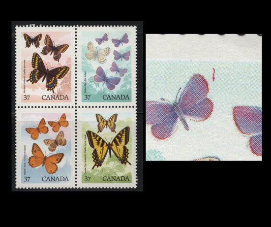 Lot 136 Canada #1210-1213, 1211i 37c Multicoloured Various Butterflies, 1988 Butterflies Issue, A VFNH Block of  4 Caterpillar (Pos. 18) Variety, Tertiary