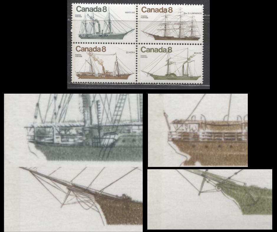 Canada #673avar 8c Multicoloured 1975 Coastal Vessels, A VFNH Se-tenant Block of 4 on Unlisted LF/F Paper, Showing the "Grey Bow" Variety and Slight Leftward Shift of All Engraving