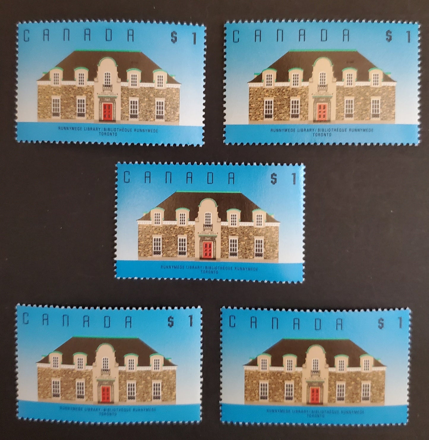 Lot 84 Canada #1181&var 1 Multicoloured Runnymeade Library , 1987-1991 Mammal & Architecture Issue, 5 VFNH Singles Unlisted LF, DF and NF Harrison Paper Printings