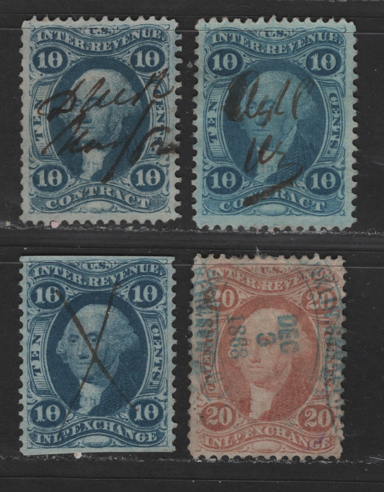 Lot 471 United States Of America #R34c, ce, R36b, R42c 10c, 20c Blue, Ultramarine & Dull Red George Washington, 1862-1871 First Revenue Issue, 4 VF Used Singles Contract, Inland Exchange, Part Perforated and Perforated