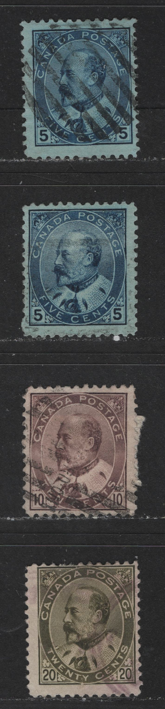 Lot 471 Canada #91, 93, 94 5c, 10c, 20 Blue On Bluish Paper, Brown Lilac, Olive Green King Edward VII, 1903-1910 King Edward VII Issue, 4 Fine & VG Used Singles Two Different Shades Of The 5c, Fine Appearance, But Most With Small Faults