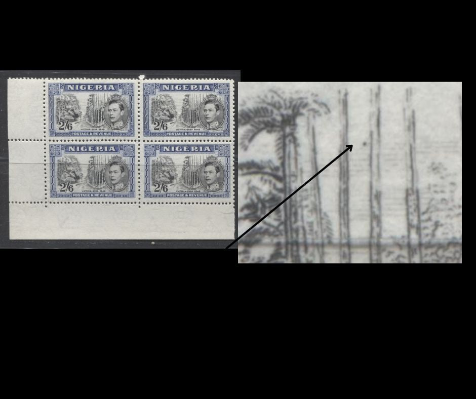 Lot 96 Nigeria #63c (SG#58) 2/6d Black & Ultramarine King George VI & Buea Road, 1938-1952 King George VI Definitive Issue, A VFNH/OG LL Corner Block, Comb Perf. 13 x 11.5, 1938 Printing, Bird Near Tree Variety