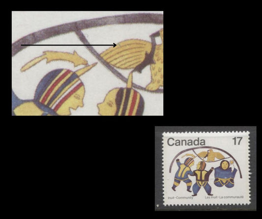 Lot 472 Canada #837ii 17c Multicoloured, 1979 Inuit Community, A VFNH Single With “Blue Scratch on Feather” Variety, From Position 47, On DF2/DF1-fl Paper, With A Sparse Concentration of LF Fibres