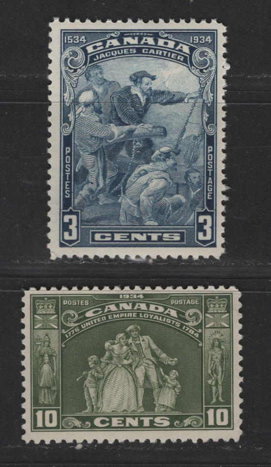 Canada #208, 210 3c, 10c Dull Blue & Olive Green Jacques Cartier - Loyalists Statue, 1934 400th Anniversary Of Discovery Of Canada & United Empire Loyalists Issue, 2 VFOG Singles