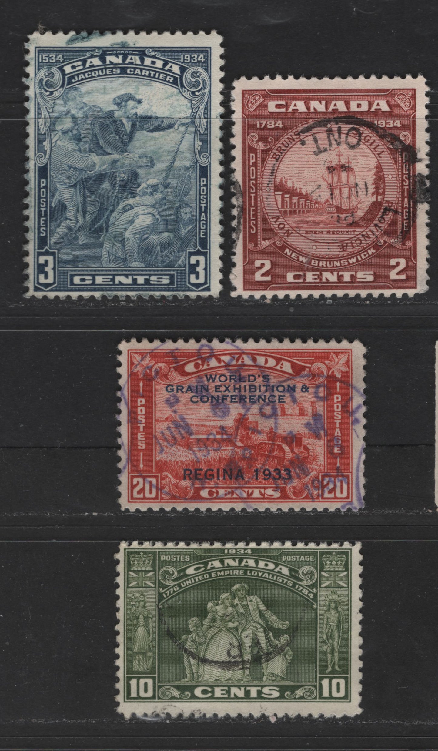 Canada #203, 208-210 2c-20c Red Brown - Deep Vermilion Harvesting Wheat - NB Seal, 1933-1934 Regina Grain Exhibition & 150th Anniversary Of New Brunswick Issues, 4 Fine Used Singles
