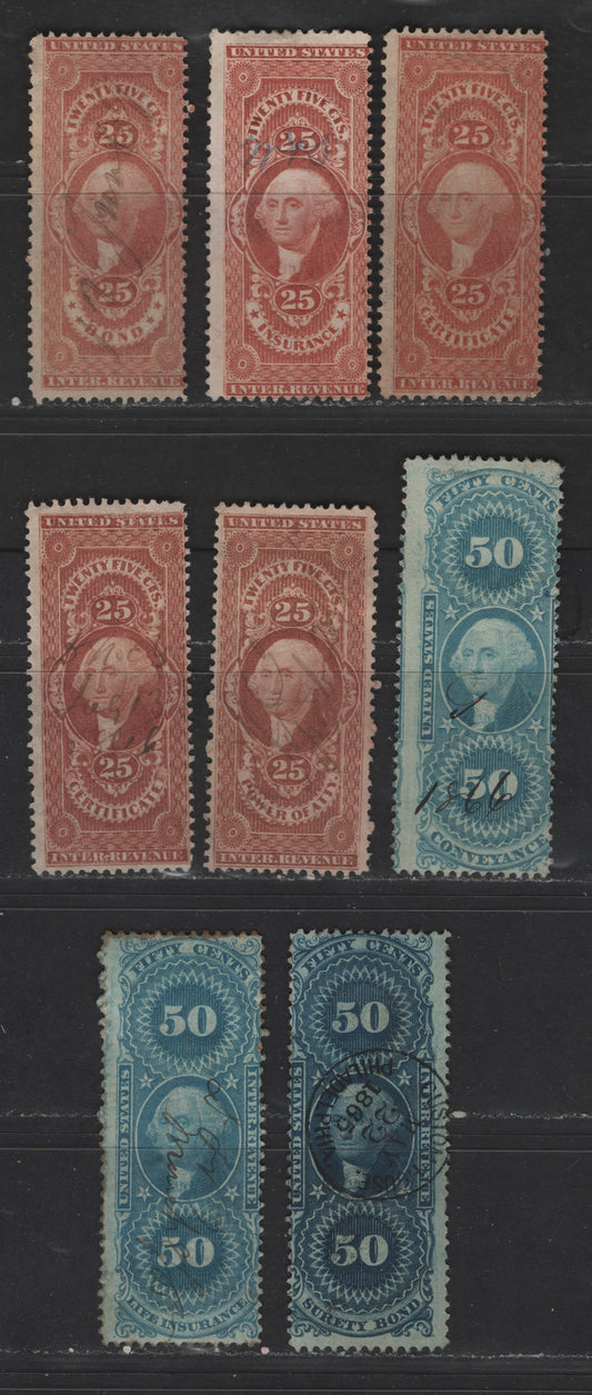 Lot 474 United States Of America #R43c/R63c 25c, 50c Dull Red & Blue George Washington, 1862-1871 First Revenue Issue, 8 VG & Fine Used Singles Bond, Insurance, Certificates, Power Of Attorney, Conveyance, Life Insurance, Surety Bond, Perforated