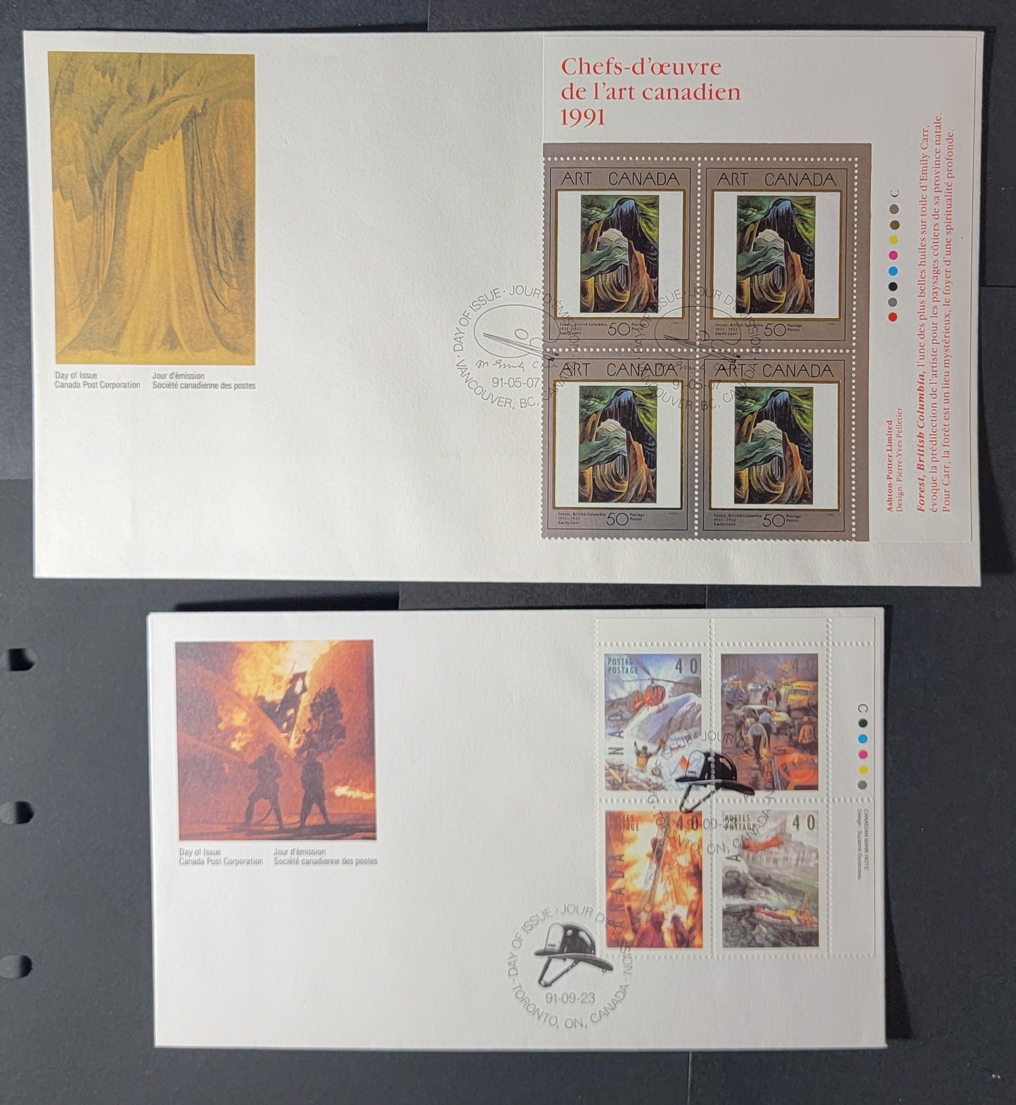 Canada #1310, 1333a 40c-50c Multicoloured, 1991 Masterpices of Canadian Art - Dangerous Occupations Issues, 2 VF Official Canada Post FDC's Fluorescent & HB White Envelopes, Franked With UR Inscription Blocks