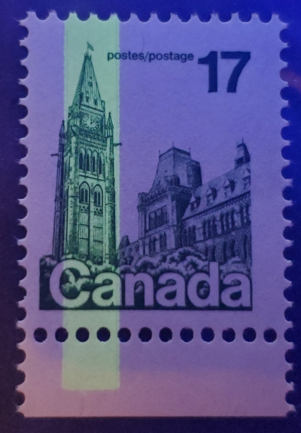 Canada #790T2  17c Dark Green Parliament Buildings, 1977-1982 Floral and Environment Issue, A FNH Single With G2aC Tagging Error on DF Paper
