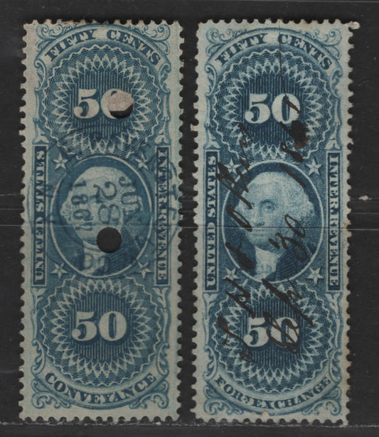 Lot 475 United States Of America #R54c, R56c 50c Blue & Dark Blue George Washington, 1862-1871 First Revenue Issue, 2 VF Used Singles Conveyance & Foreign Exchange, Perforated