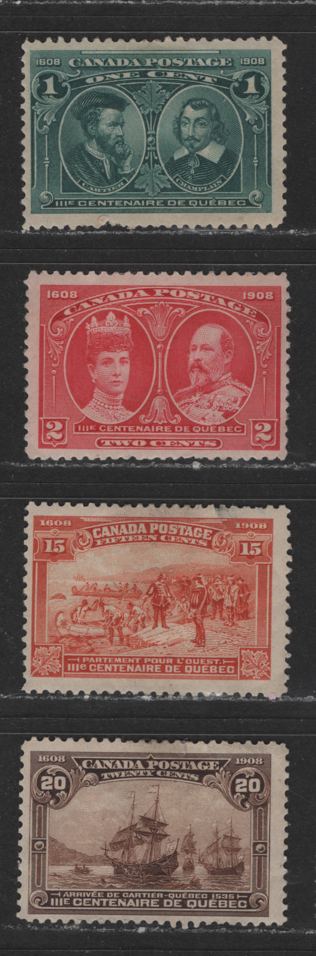 Lot 475 Canada #97-98, 102-103 1c-2c, 15c-20c Blue Green - Dark Brown Champlain & Cartier - Cartier's Arrival, 1908 Quebec Tercentenary Issue, 4 Fair - Fine OG Singles Presentable, But All Except The 2c Have Faults, The 2c Having A Large Adhesion On Gum