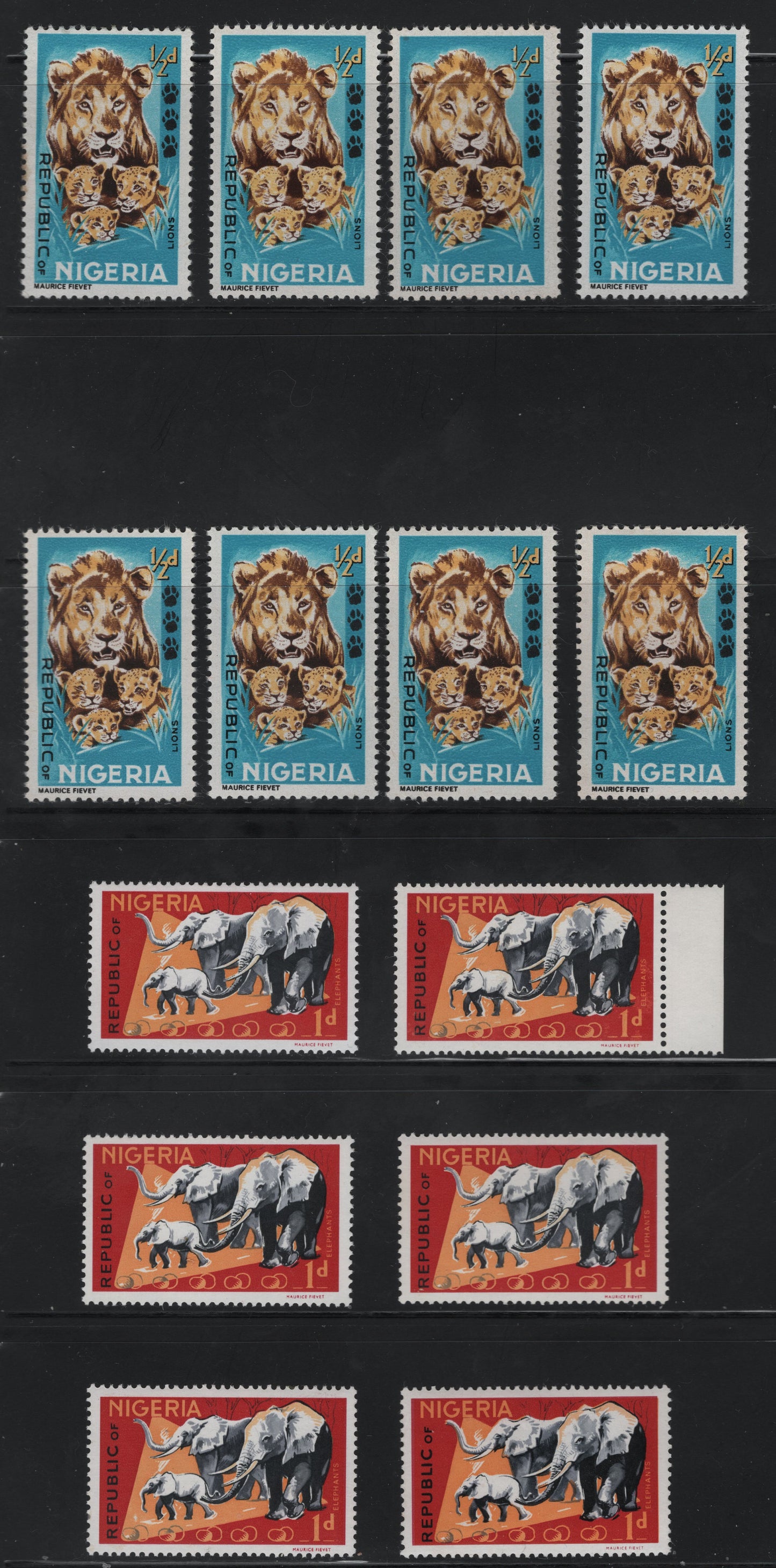 Lot 476 Nigeria #184-185 1/2d-1d, 6d-9d Multicoloured Lions & Elephants, 1965-1966 Wildlife Issue, 14 Fine NH, VFNH & VFOG Singles All With Different Front & Back Levels Of Fluorescence