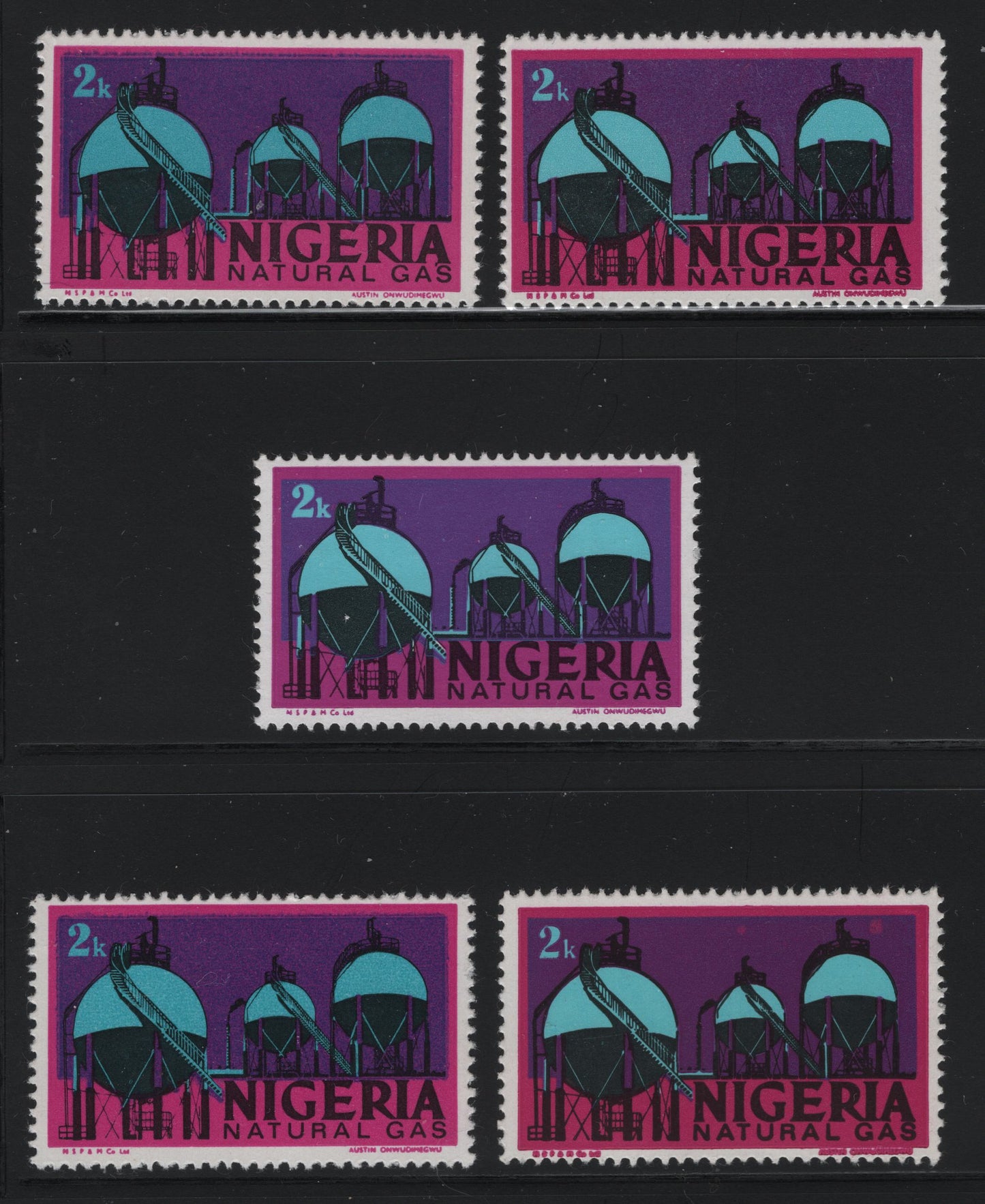 Lot 476 Nigeria #292b 2k Multicoloured Natural Gas, 1975-1986 Nigerian Life & Industry Definitive Issue - Watermarked, 5 Fine & VFNH Singles On Different Papers With Different Shades, Different From Lot 476