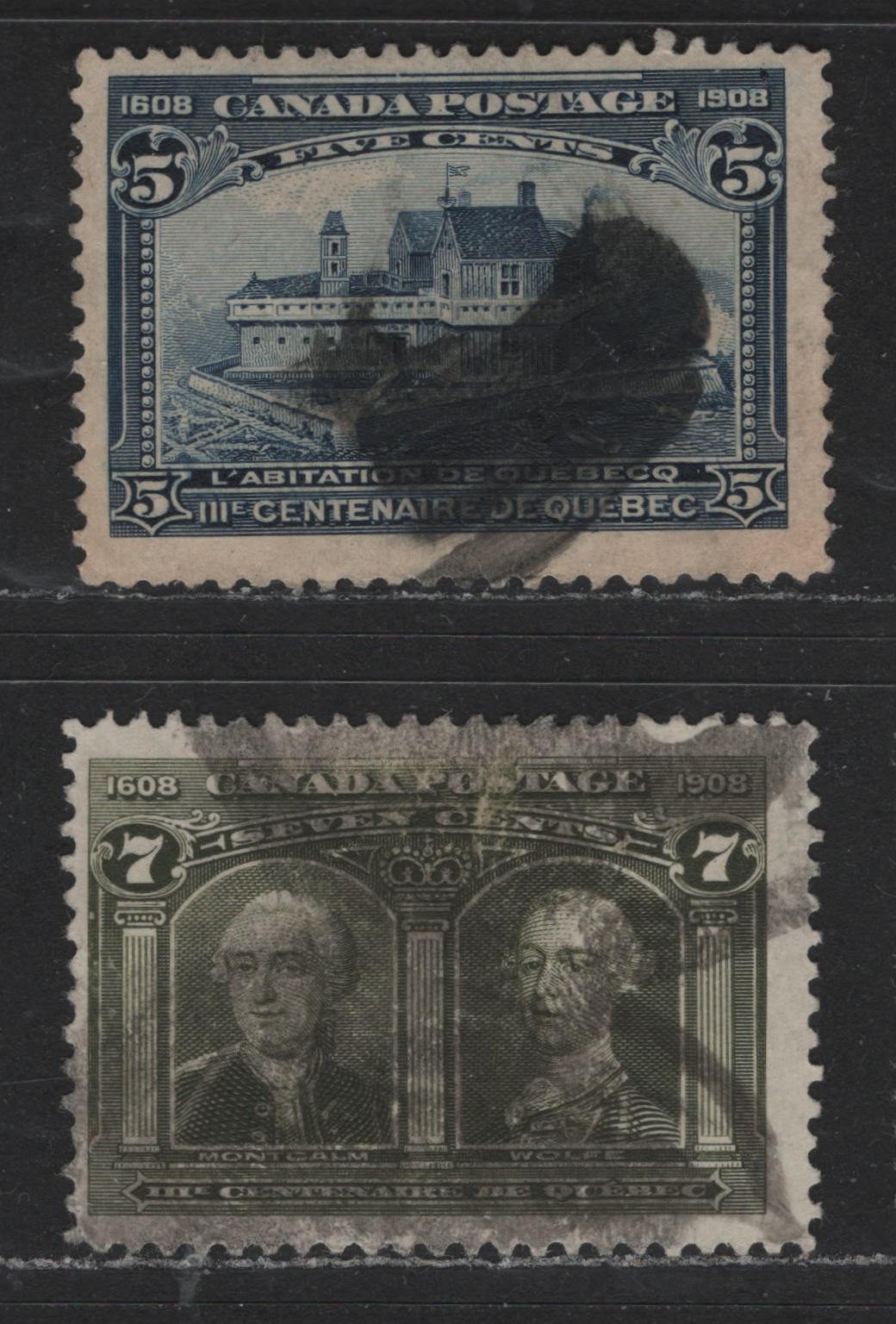 Lot 476 Canada #99-100 5c-7c Dark Blue & Olive Green Champlain's Habitiation & Montcalm & Wolfe, 1908 Quebec Tercentenary Issue, 2 Good & VG Used Singles