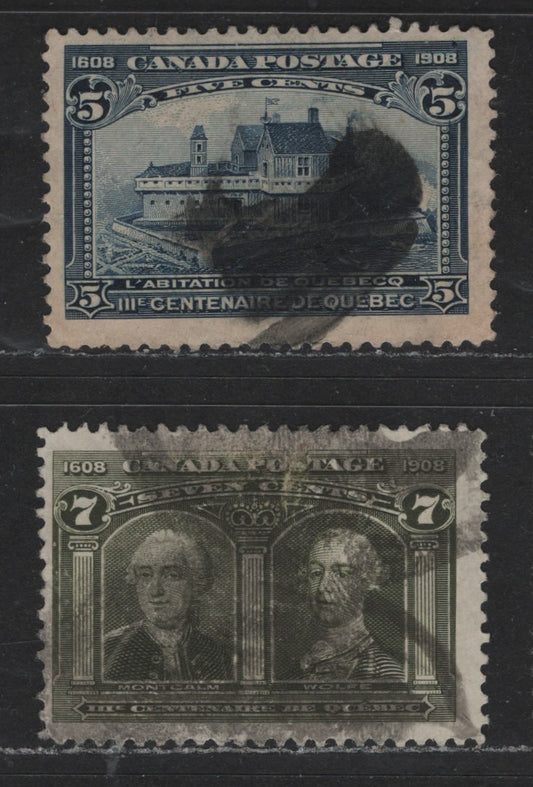 Lot 476 Canada #99-100 5c-7c Dark Blue & Olive Green Champlain's Habitiation & Montcalm & Wolfe, 1908 Quebec Tercentenary Issue, 2 Good & VG Used Singles