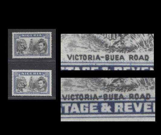 Lot 476 Nigeria #63avar (SG#58avar) 2/6d Black & Blue King George VI & Buea Road, 1938-1952 King George VI Definitive Issue, 2 VFNH Singles, Comb Perf. 13.5, April 1944-May 1945 Printing, Dramatic Downward Shift of Vignette