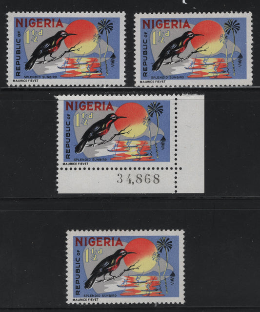 Lot 477 Nigeria #186 1.5d Multicoloured Splendid Sunbird, 1965-1966 Wildlife Issue, 4 VFNH & VFOG Singles On Different HF/HF, HF/MF and HF/LF Papers