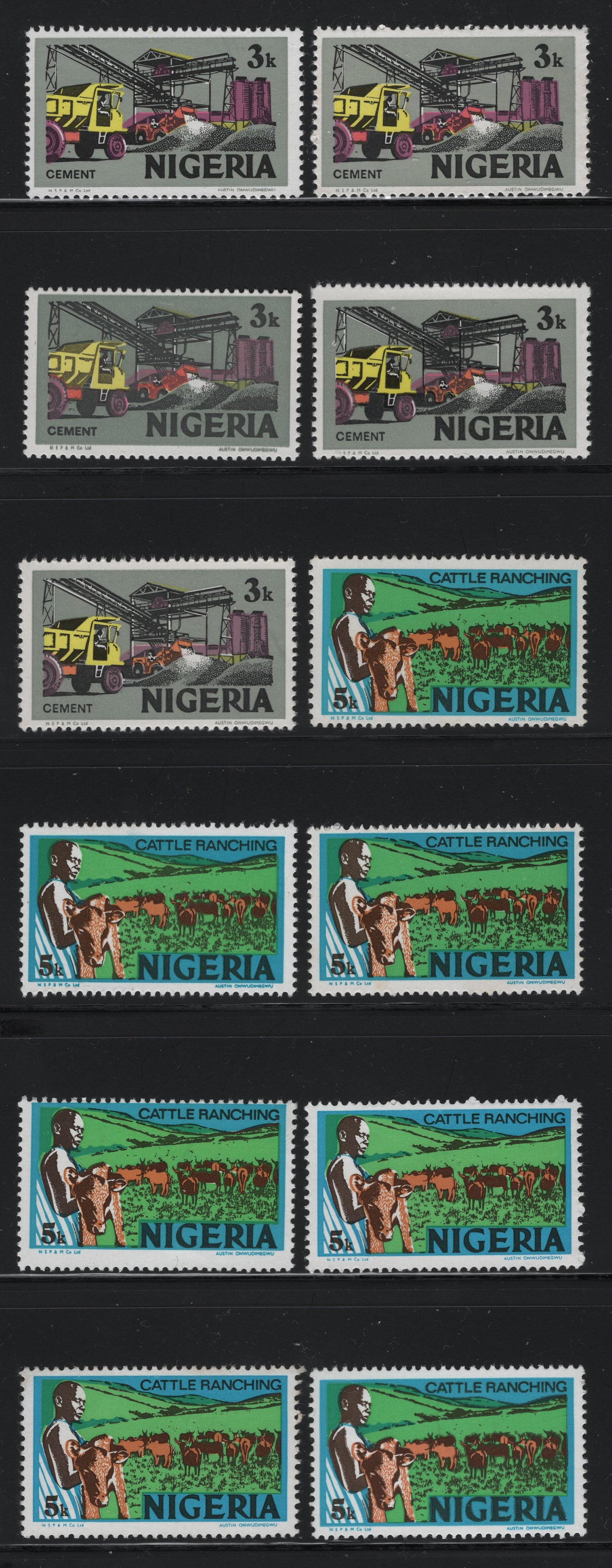 Lot 477 Nigeria #293a, 294c 3k, 5k Multicoloured Cement & Cattle Ranching, 1975-1986 Nigerian Life & Industry Definitive Issue - Watermarked, 12 Fine & VFNH Singles On Different Papers With Different Shades, Different From Lot 478