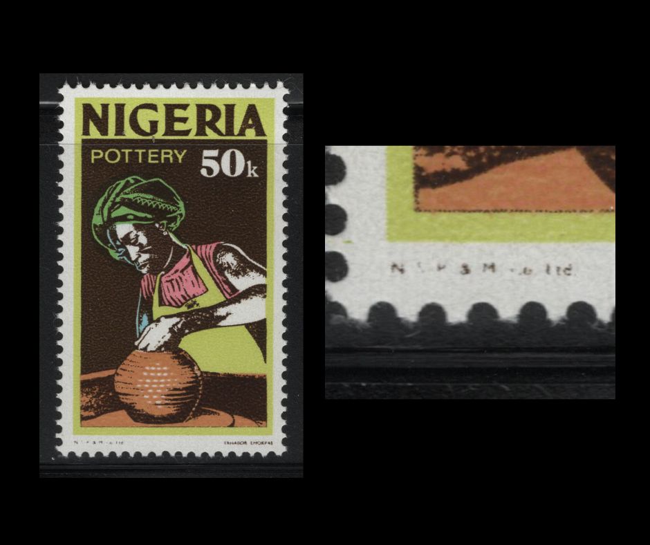 Lot 477 Nigeria #305avar 50k Multicoloured Pottery, 1973 Nigerian Life & Industry Definitive Issue, A VFNH Single Photogravure Printing With Brown Background on MF7/MF7 Paper, Damaged Imprint