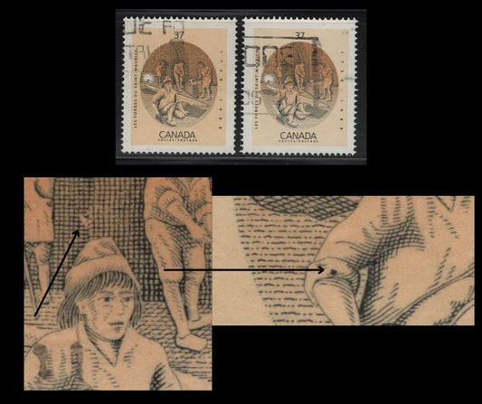 Lot 477 Canada #1216i-ii 37c Multicoloured Blast Furnace , 1988 Les Forages Du Saint Maurice, 2 VF Used Singles Showing Feather In Cap Variety, Pos. 20, And Cufflink Variety (Pos. 6), Tertiary