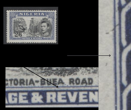 Lot 477 Nigeria #63avar (SG#58avar) 2/6d Black & Blue King George VI & Buea Road, 1938-1952 King George VI Definitive Issue, A Fine NH Single, Comb Perf. 13.5, April 1944-May 1945 PrintingRe-Entry Along Left Frameline, Downward Shift of Vignette