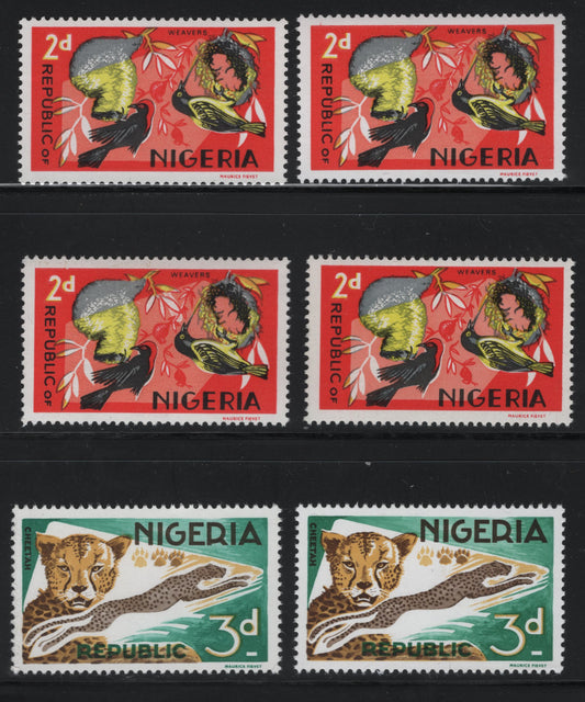 Lot 478 Nigeria #187-188 2d-3d Multicoloured Weavers & Cheetah, 1965-1966 Wildlife Issue, 6 VFNH Singles All With Different Front & Back Levels Of Fluorescence