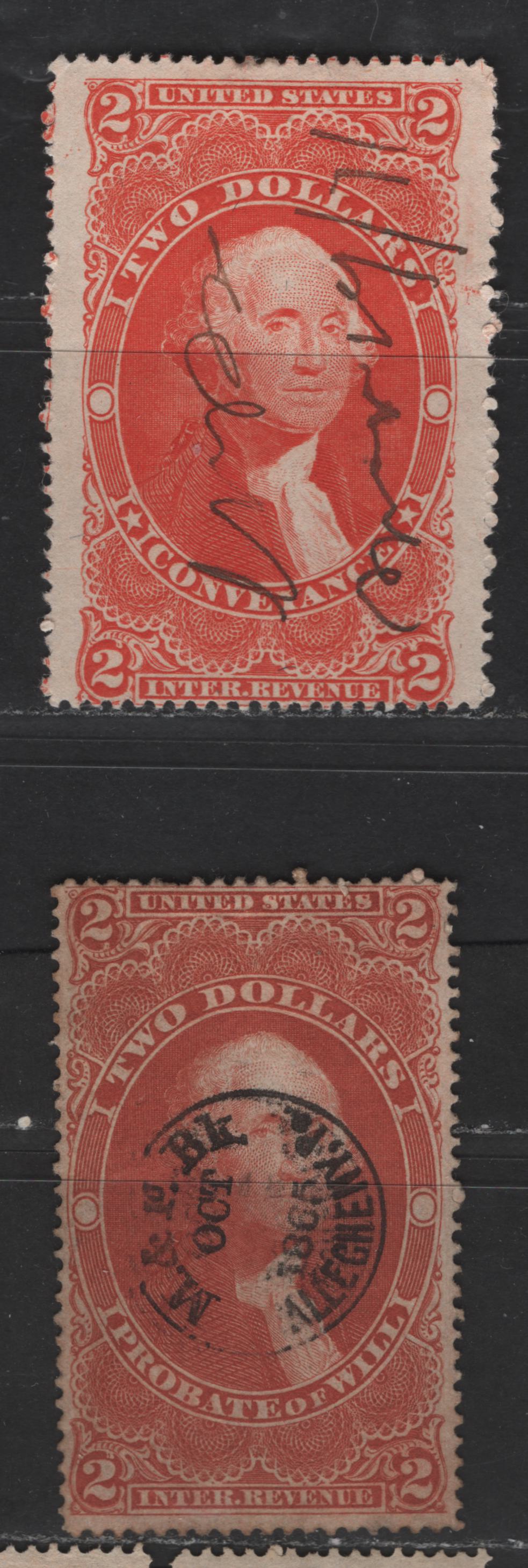 Lot 478 United States Of America #R81c, R83c $1 Dull Red & Vermilion George Washington, 1862-1871 First Revenue Issue, 2 VG Used Singles Conveyance, Probate Of Will, Perforated