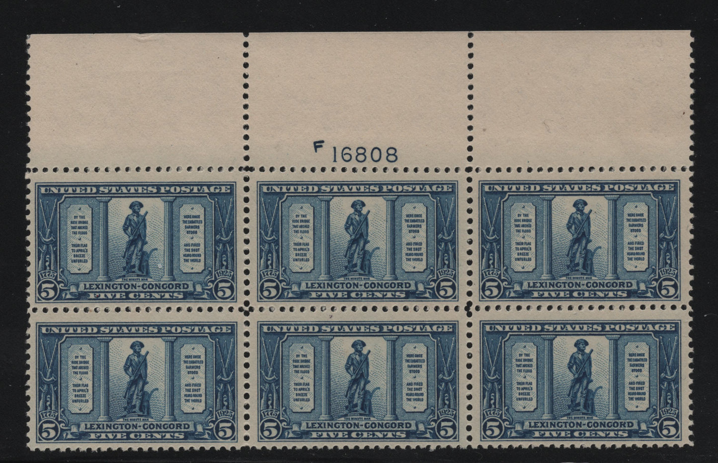 United States Of America #619 5c Dark Blue The Minute Man, 1925 Lexington Concord Issue, A VFNH Plate 16808 Block Of 6