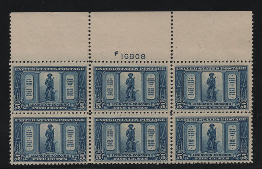 United States Of America #619 5c Dark Blue The Minute Man, 1925 Lexington Concord Issue, A VFNH Plate 16808 Block Of 6