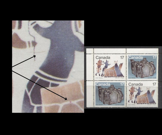 Lot 478 Canada #836aivar 17c Multicoloured, 1979 Inuit Community, A VFNH UL Field Stock Block With “Red Spot On Tent and Line Through Drawstring” Varieties, From Position 7, On DF1/LF3-fl Paper